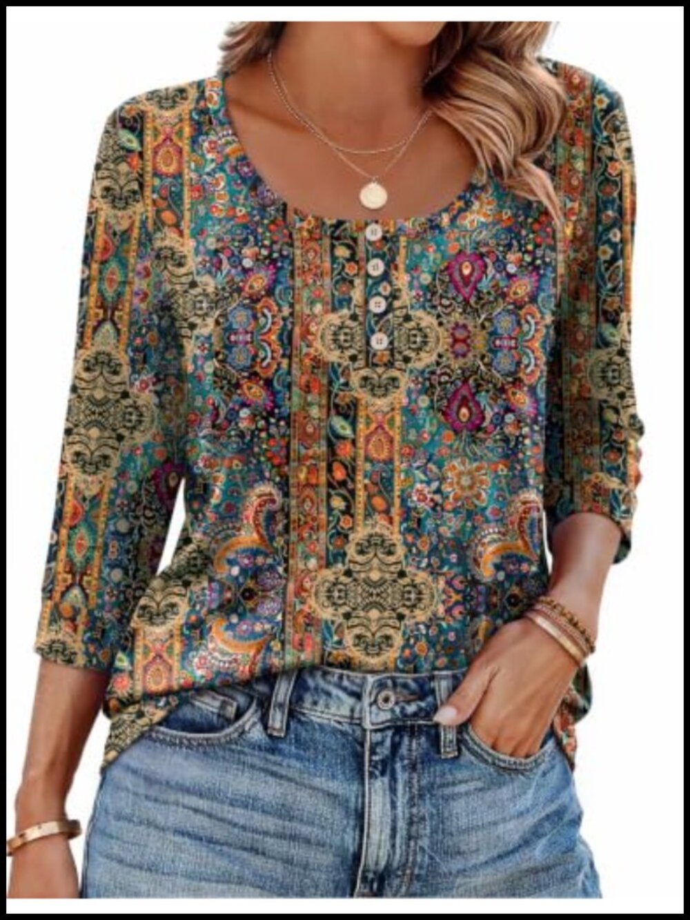 Ekouaer Women's 3/4 Sleeve Scoop Neck Blouse Casual Top